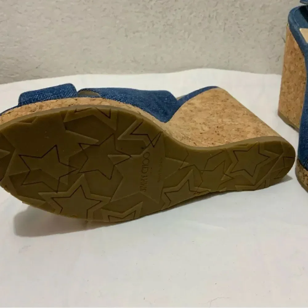Jimmy Choo Amely 105 Slingback Sandals Denim Cork Wedges size 39.5